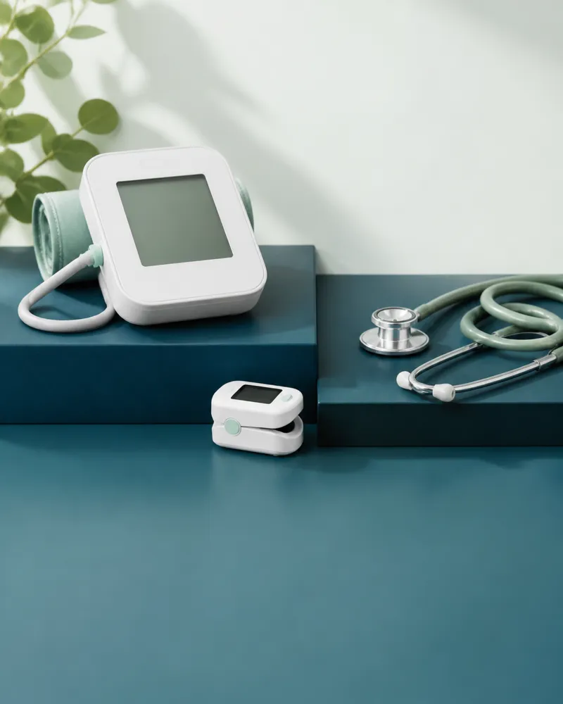 Blood pressure monitor, stethoscope, thermometer and pulse oximeter on teal plinths