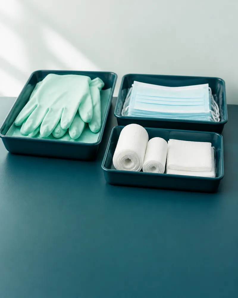 Teal trays of mint nitrile gloves, surgical masks, gauze rolls and sterile pads