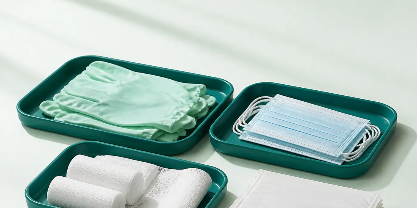 Teal trays of mint nitrile gloves, surgical masks, gauze rolls and sterile pads