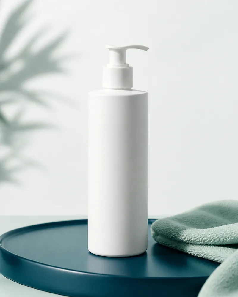 Tall white body lotion pump bottle on a teal tray beside a mint towel