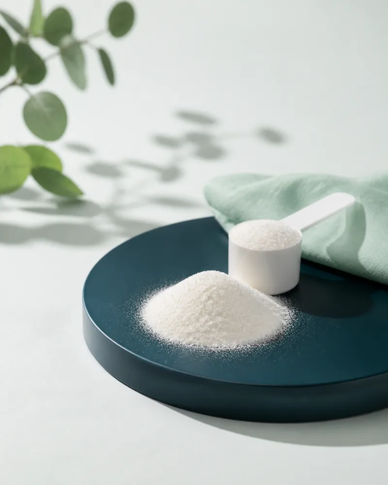 Fine white collagen powder with a measuring scoop on a teal plinth