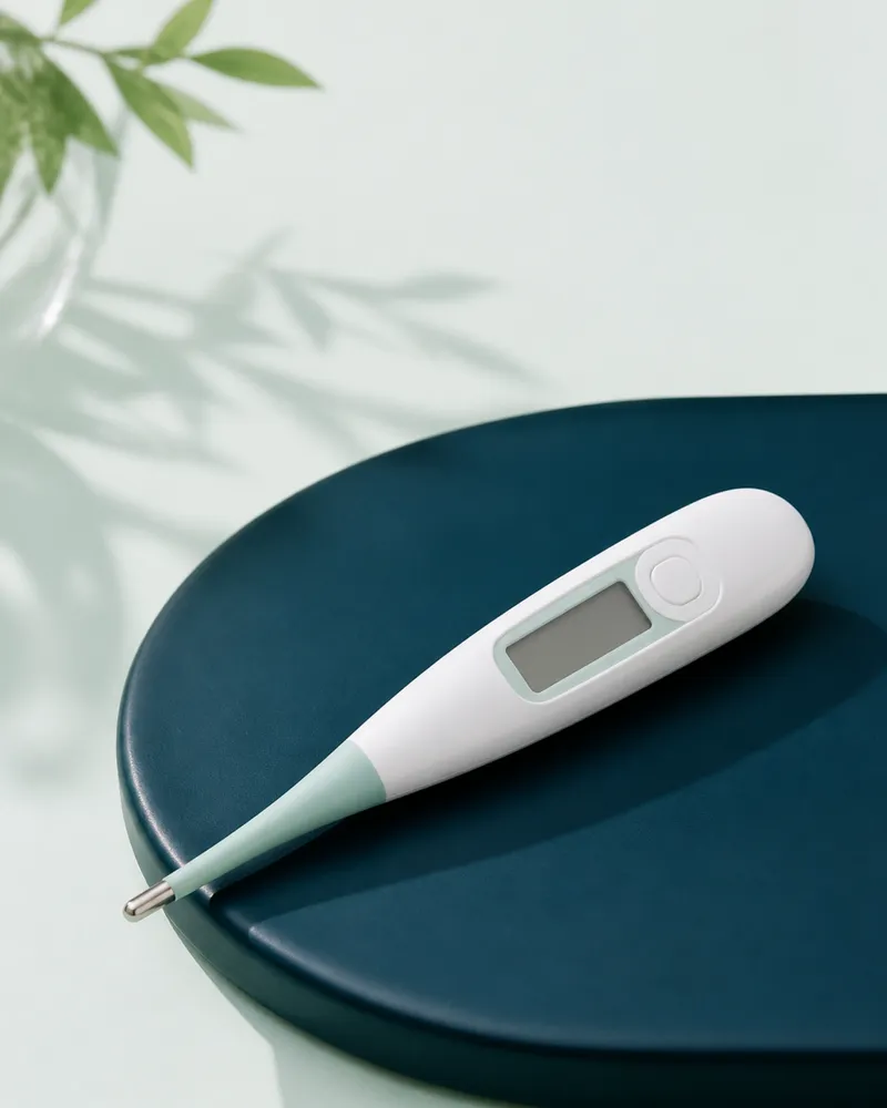 White digital thermometer with a flexible mint tip on a teal plinth