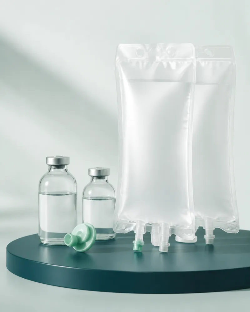 IV fluid bags and glass medicine vials on a teal plinth