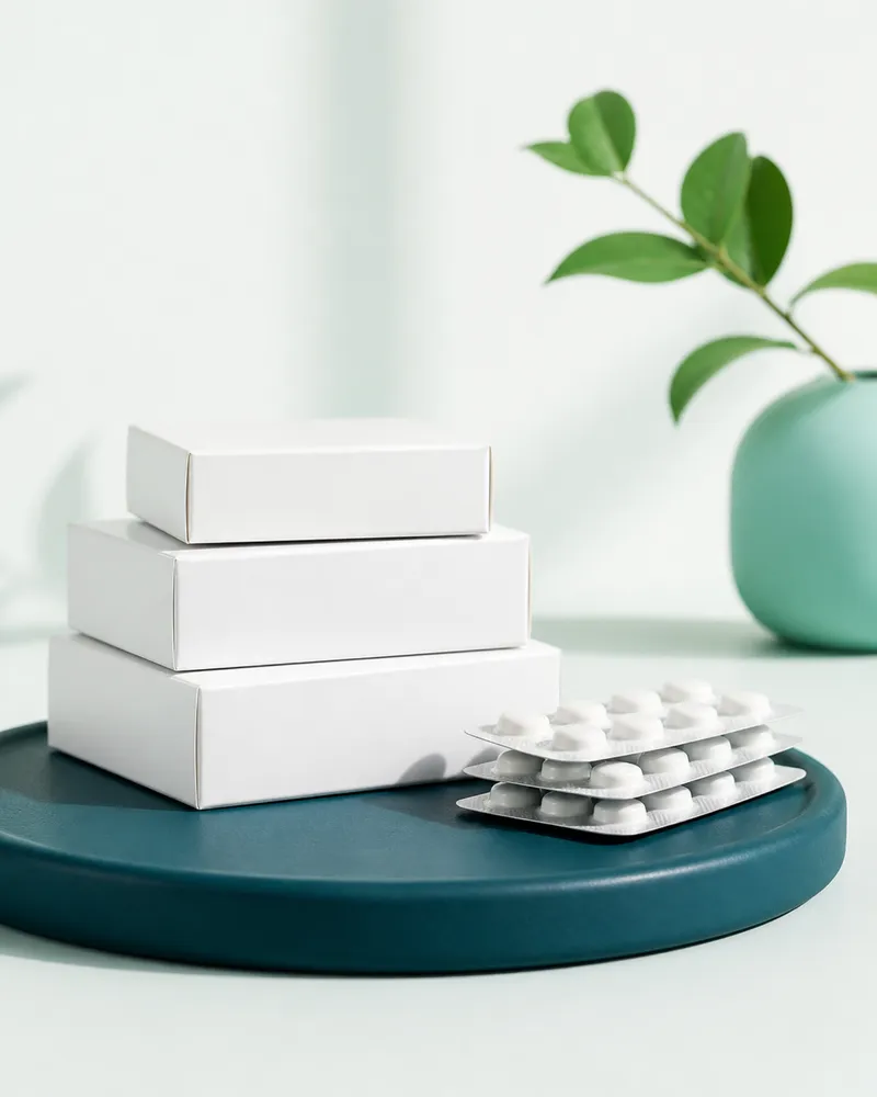 Plain white medicine cartons beside blister strips of tablets