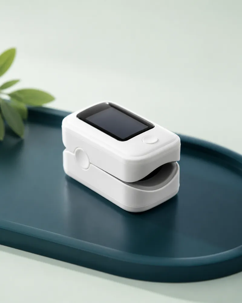 White fingertip pulse oximeter on a teal tray