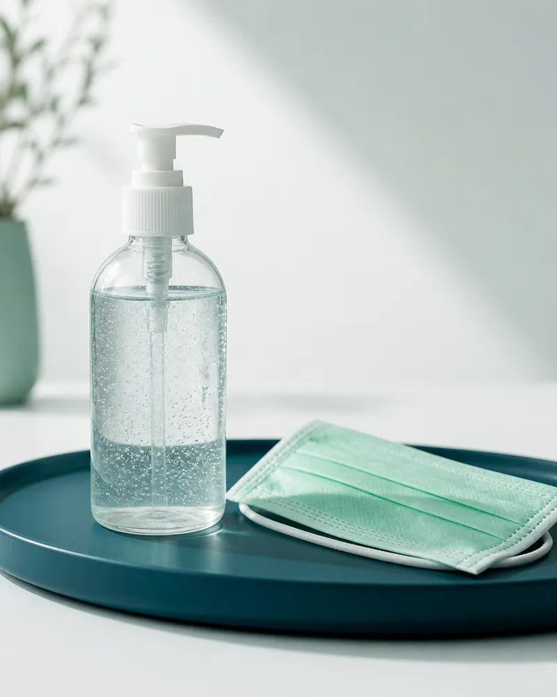 Clear hand sanitiser gel bottle beside a folded face mask on a teal tray
