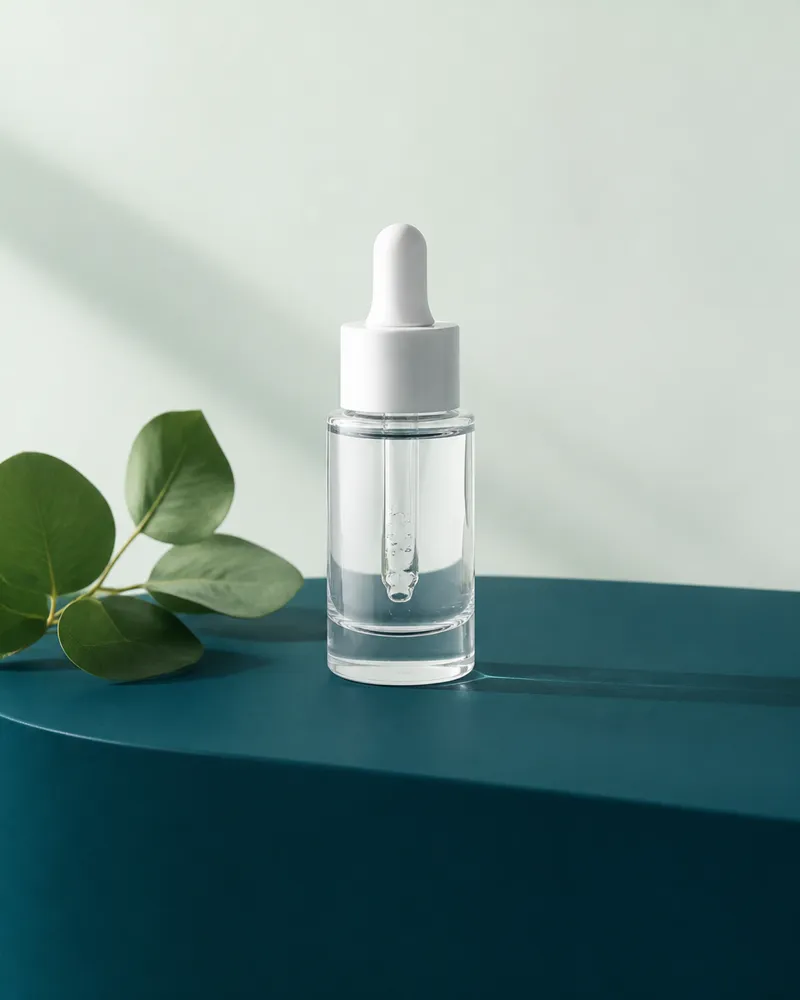 Clear glass dropper serum bottle on a deep teal plinth beside green leaves
