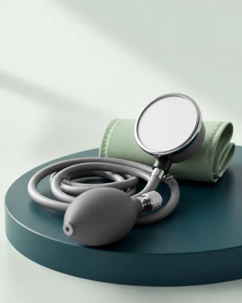 Aneroid blood pressure gauge with inflation bulb and cuff on a teal plinth