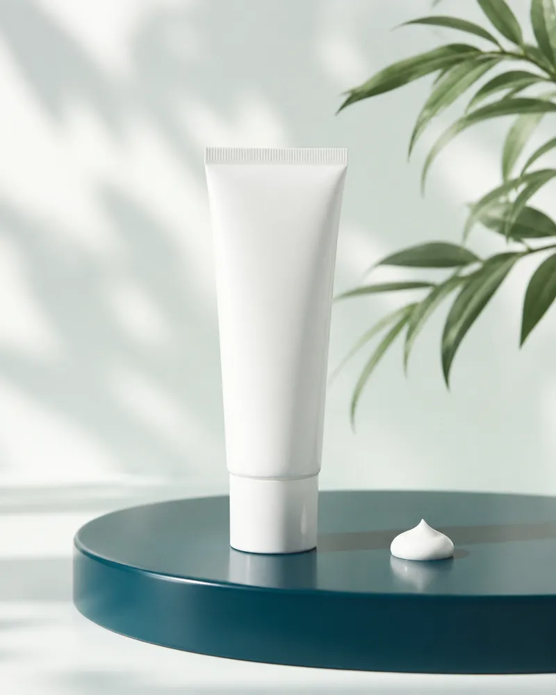 Slim white sunscreen tube on a teal plinth in dappled sunlight