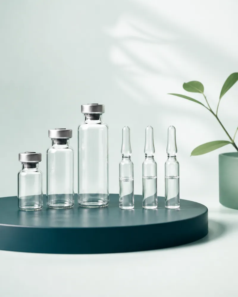 Empty clear glass vials and ampoules on a teal plinth
