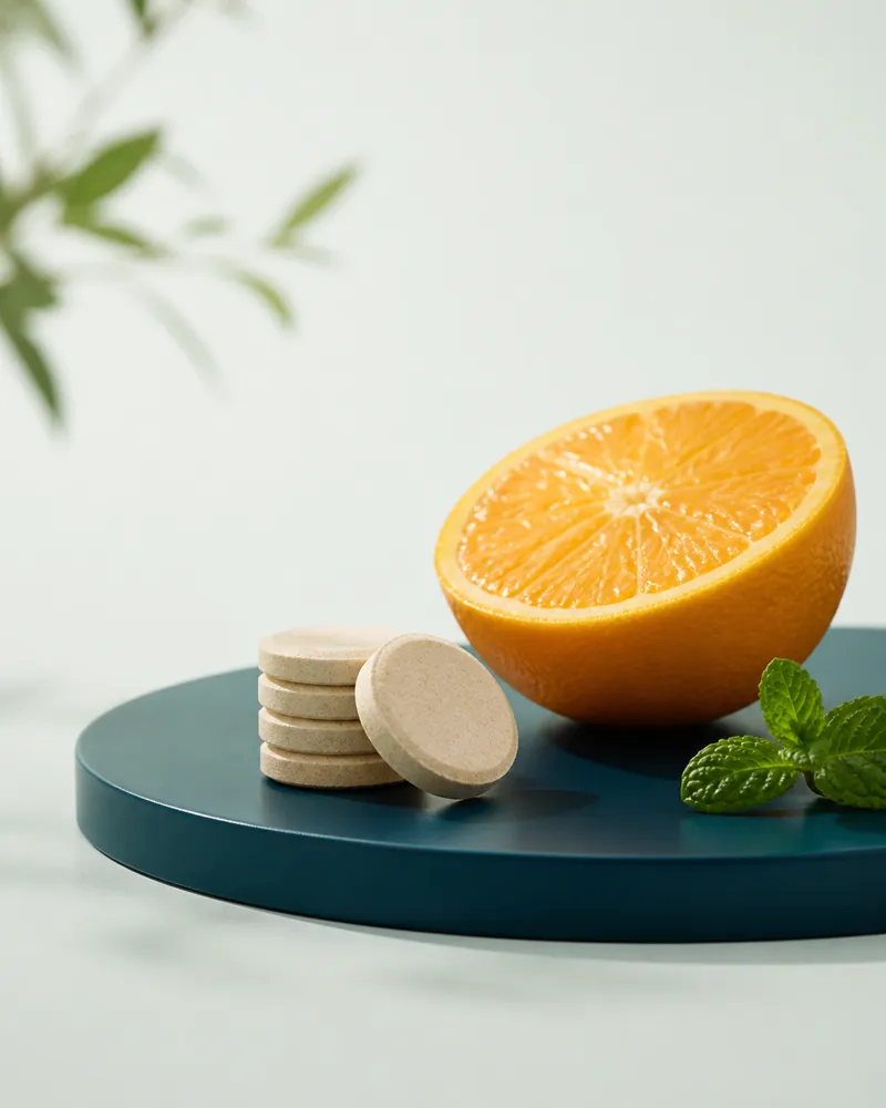 Effervescent vitamin C tablets beside a halved orange on a teal plinth